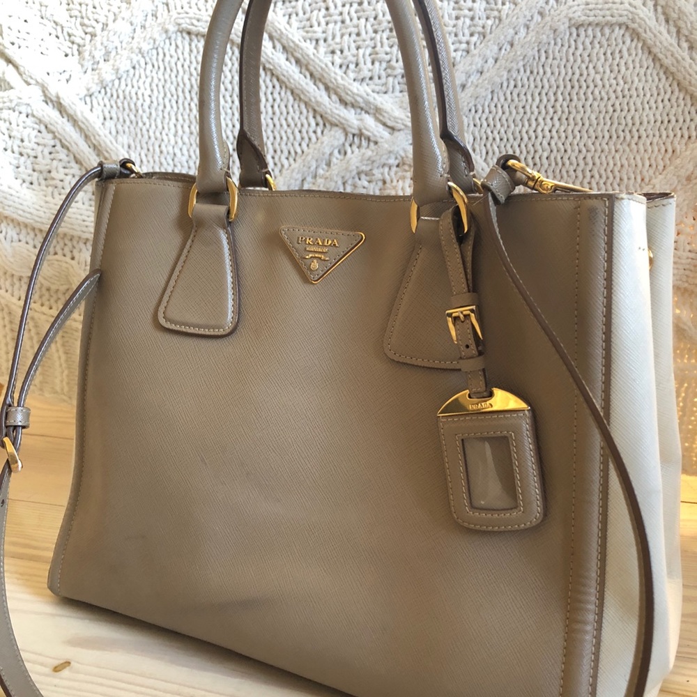 Prada medium tote — color blocked taupe/white